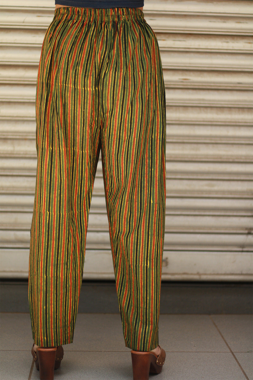 Dhaariyan | Pranava | Slim Pants | Green Stripes Ajrakh