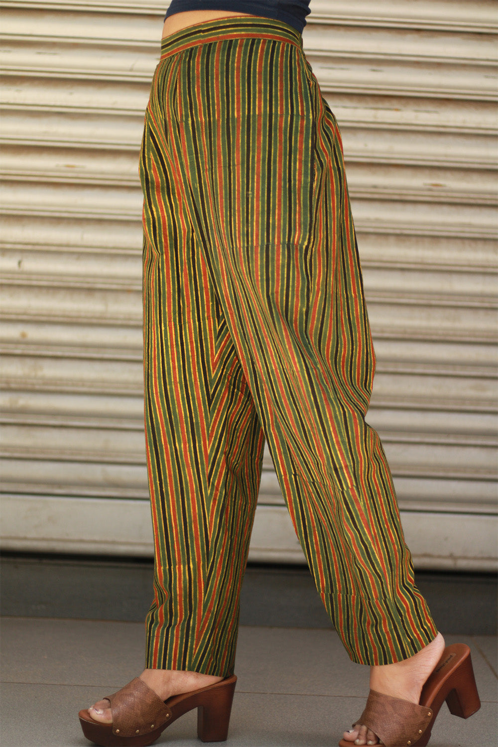 Dhaariyan | Pranava | Slim Pants | Green Stripes Ajrakh