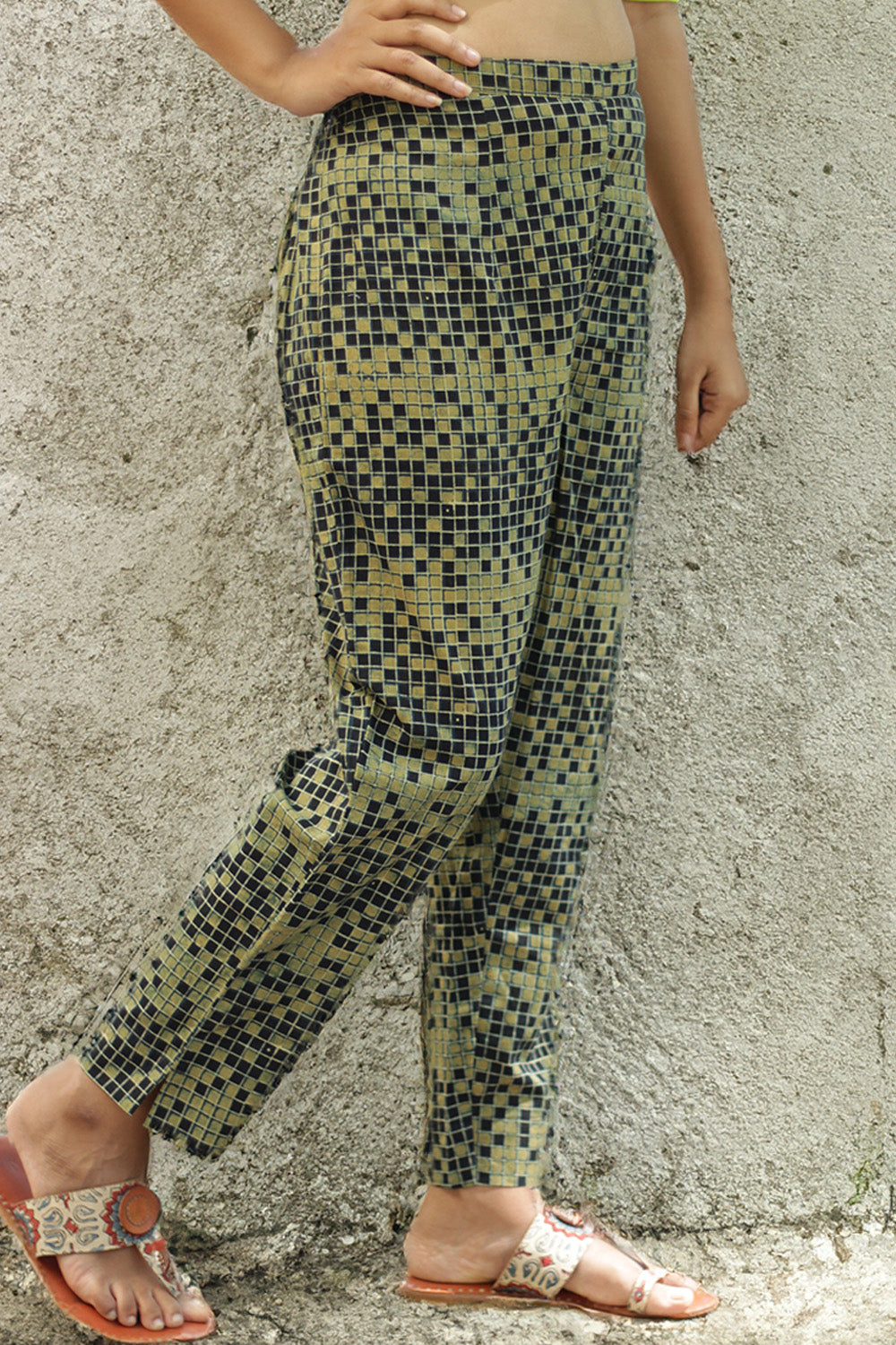 Pranava | Slim Pants | Sea Green Check Print Ajrakh