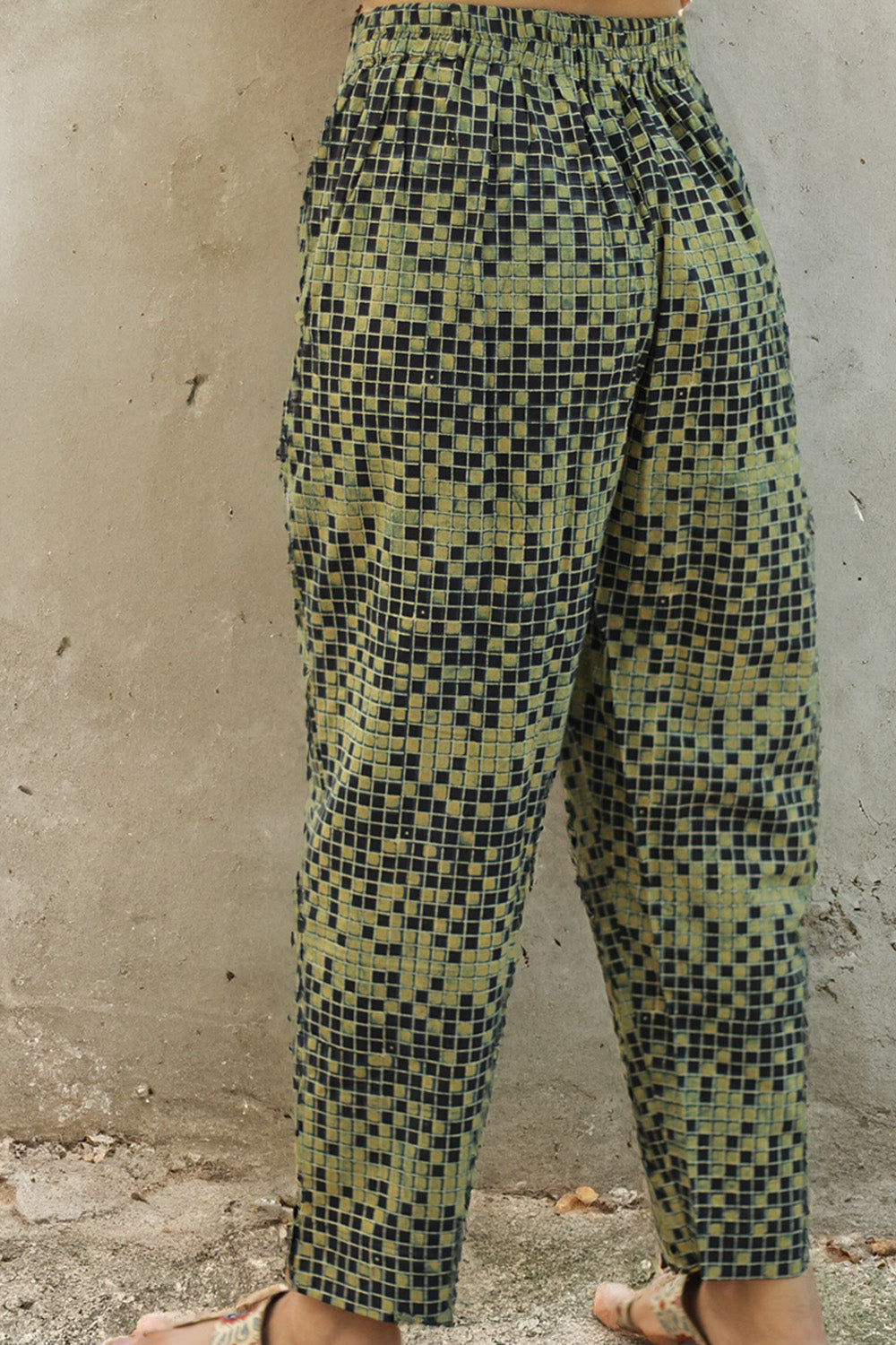 Pranava | Slim Pants | Sea Green Check Print Ajrakh