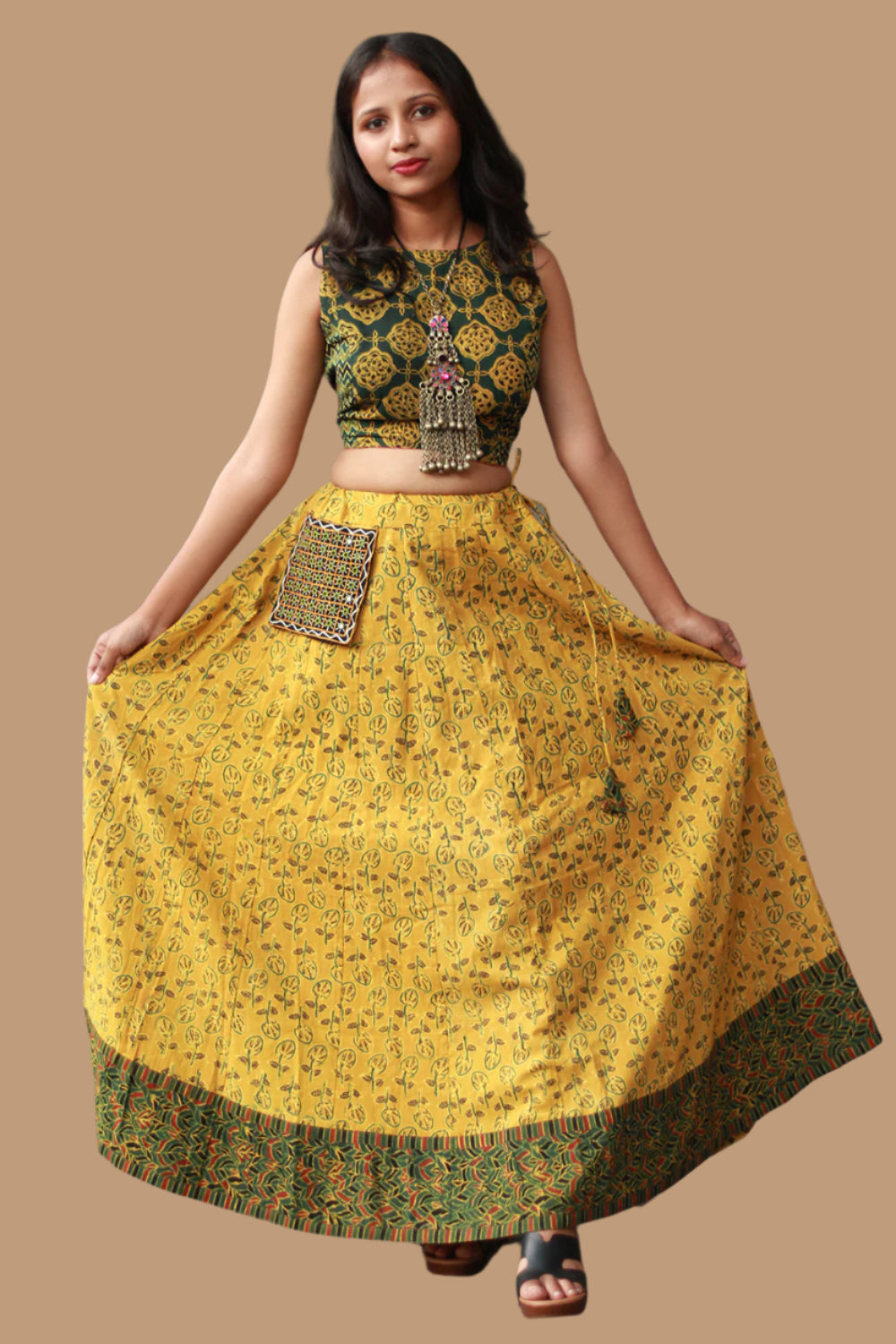 Viharini | Kalidar Skirt | Ajrakh Kali Yellow