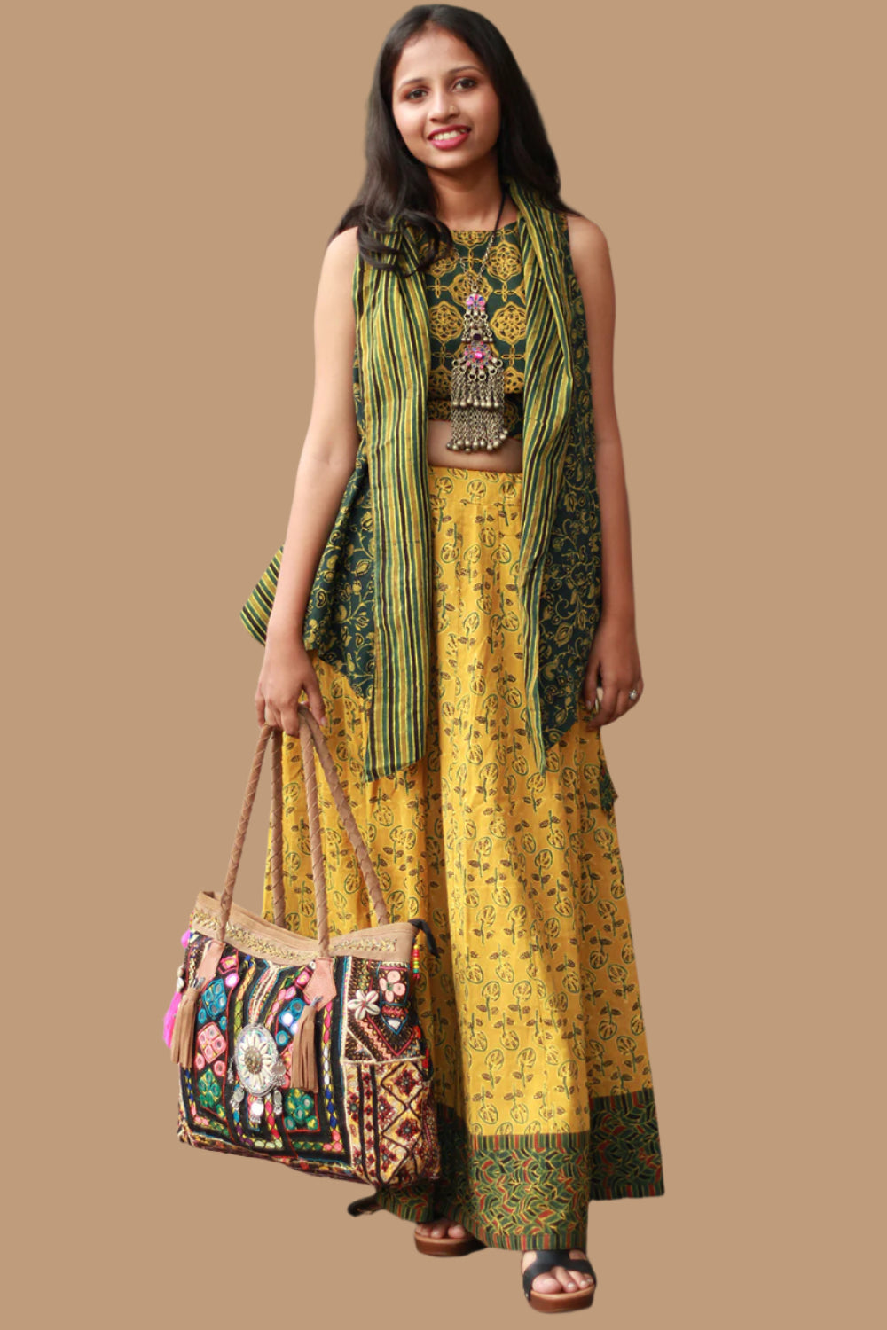 Viharini | Kalidar Skirt | Ajrakh Kali Yellow