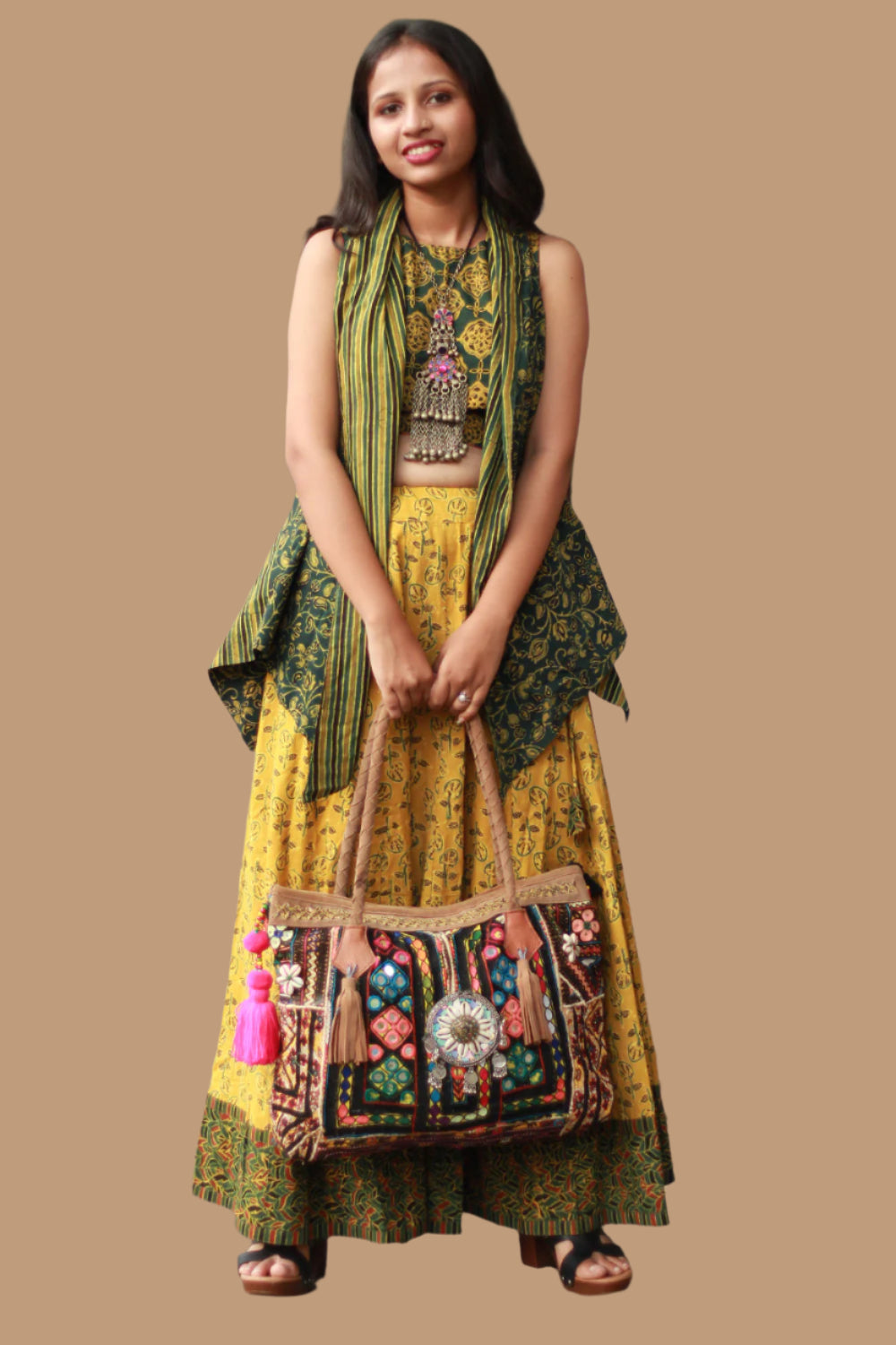 Viharini | Kalidar Skirt | Ajrakh Kali Yellow