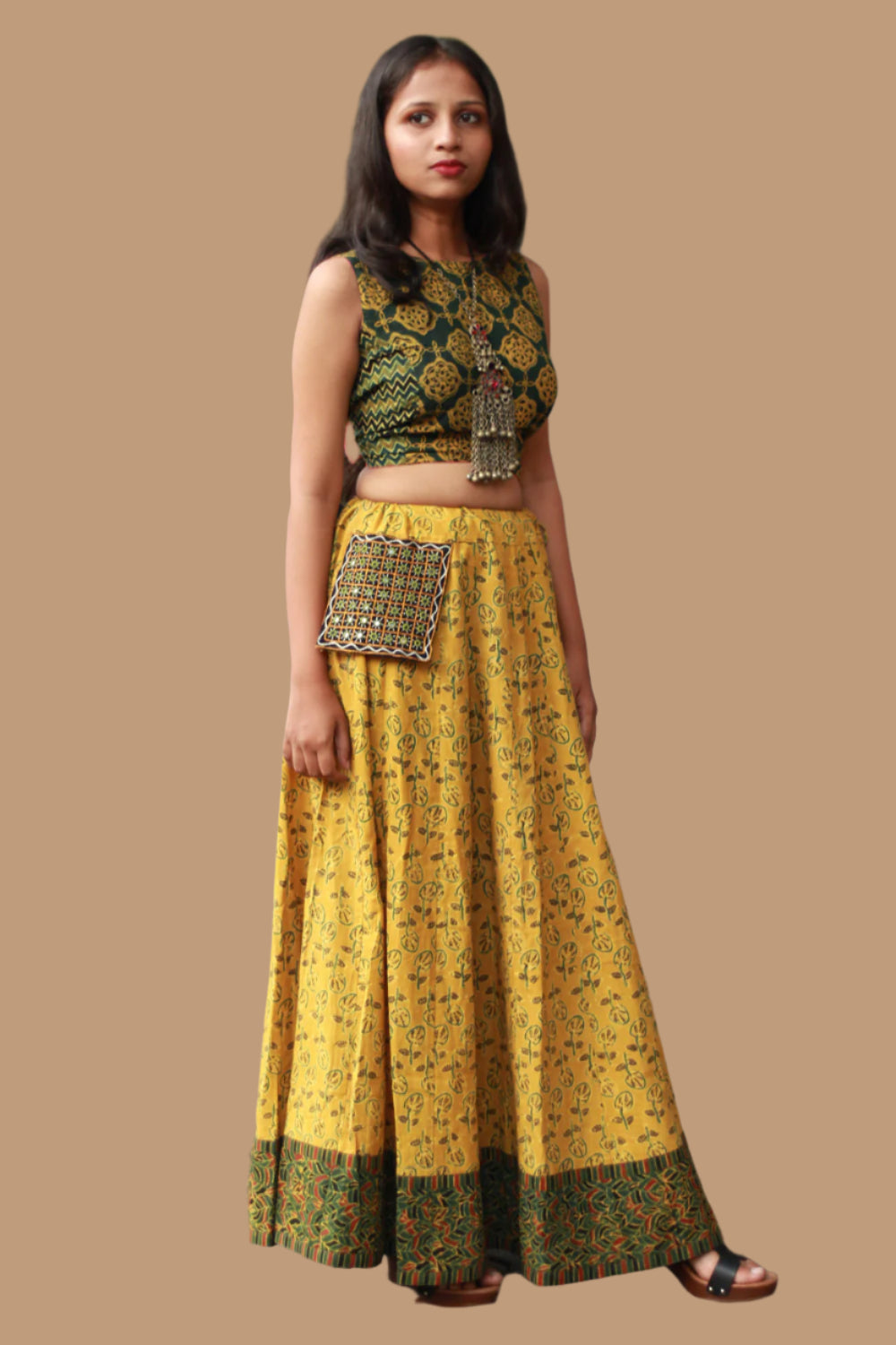 Viharini | Kalidar Skirt | Ajrakh Kali Yellow