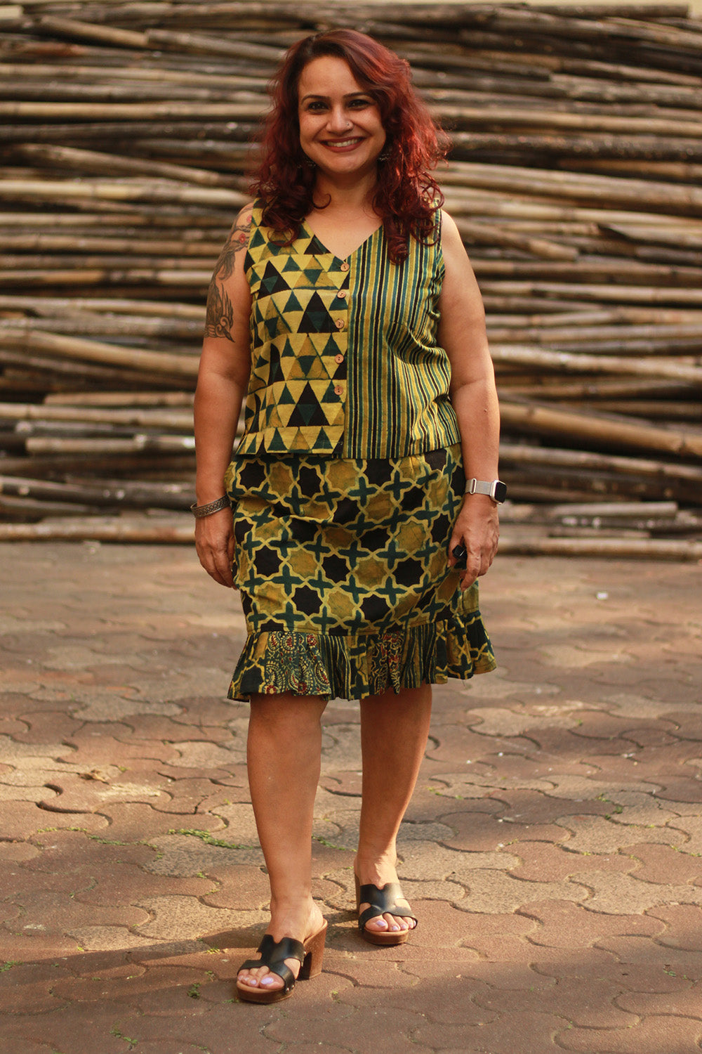 Manchali | Short Skirt | Green Ajrakh Shatkon