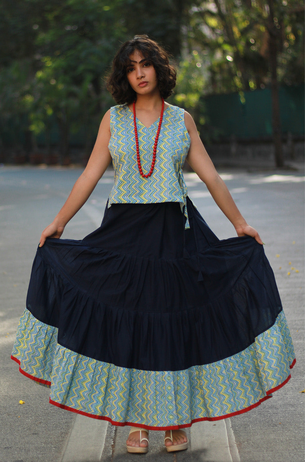 Ghumar | Tiered Long Skirt | Blue with Lime Green Sanganeri