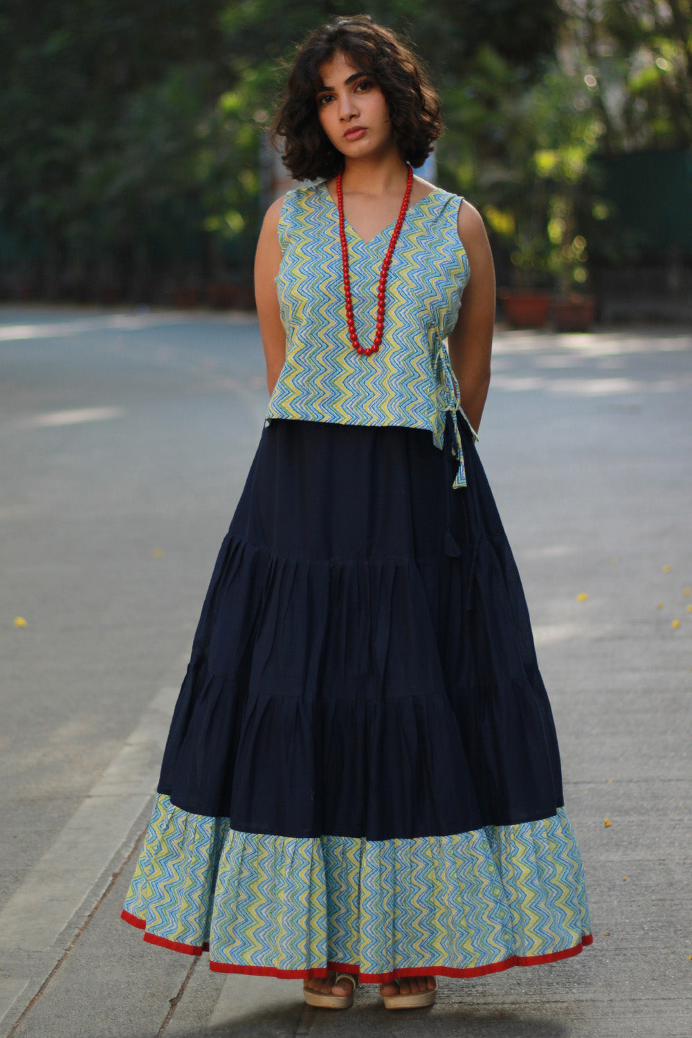 Ghumar | Tiered Long Skirt | Blue with Lime Green Sanganeri