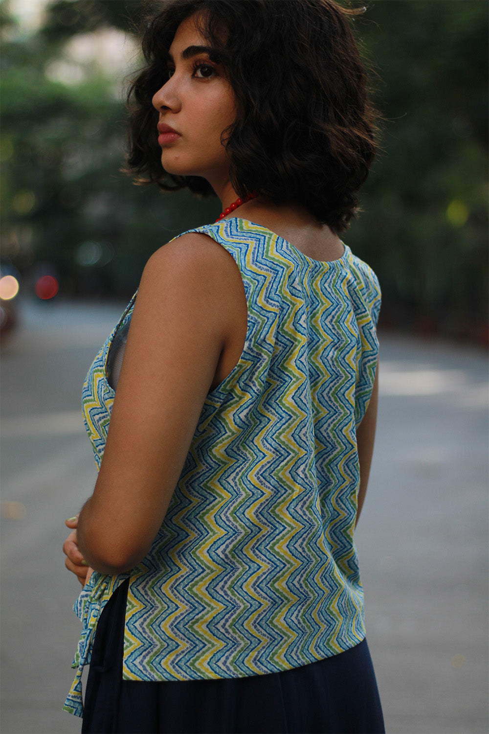 Aabroo | Sleeveless Angarkha Crop Top | Lime Green Sanganeri