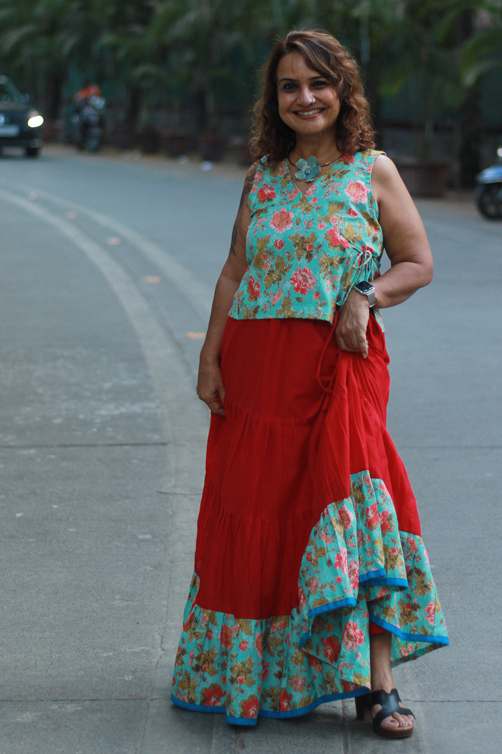 Ghumar | Tiered Long Skirt | Rouge with Teal Sanganeri