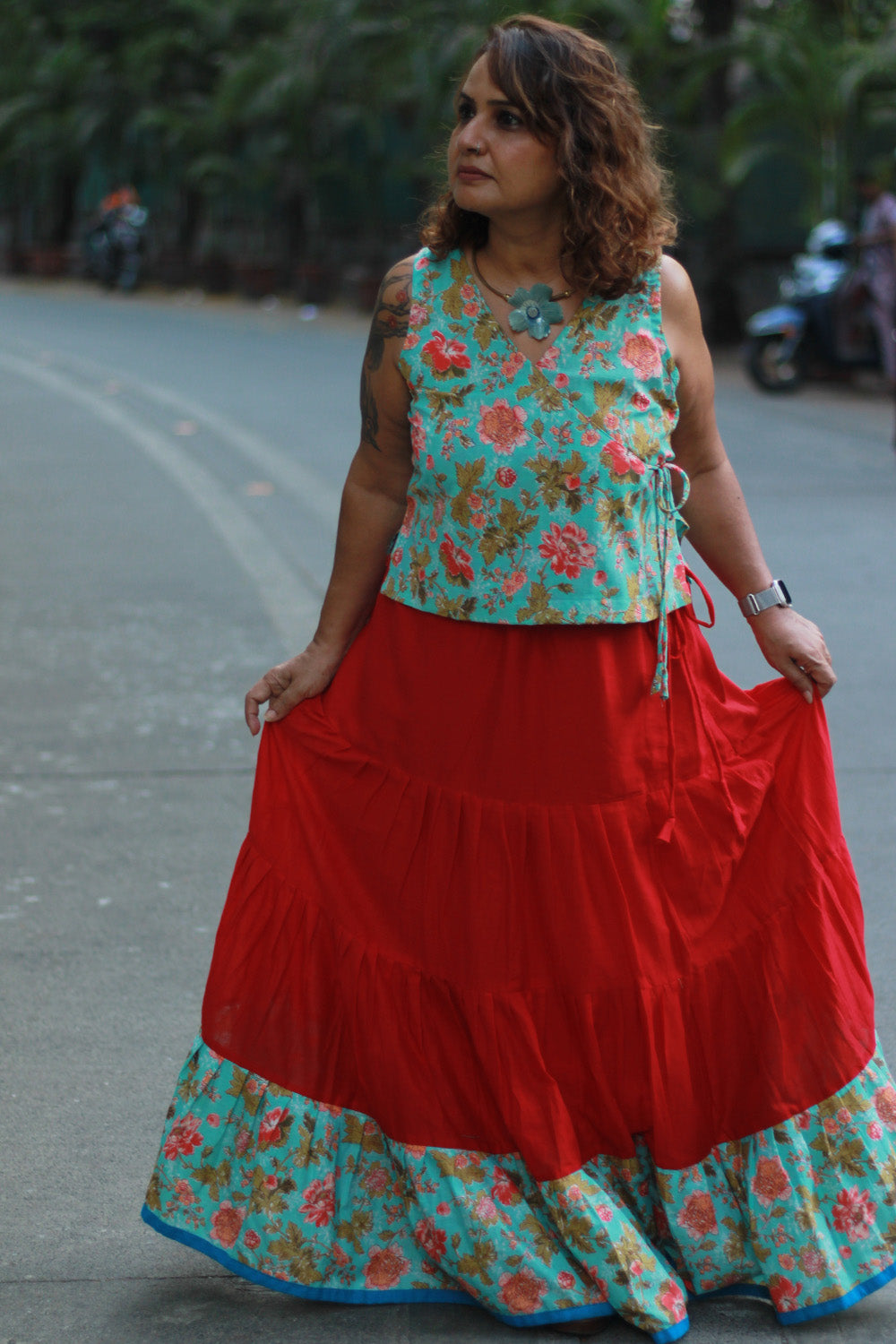 Ghumar | Tiered Long Skirt | Rouge with Teal Sanganeri