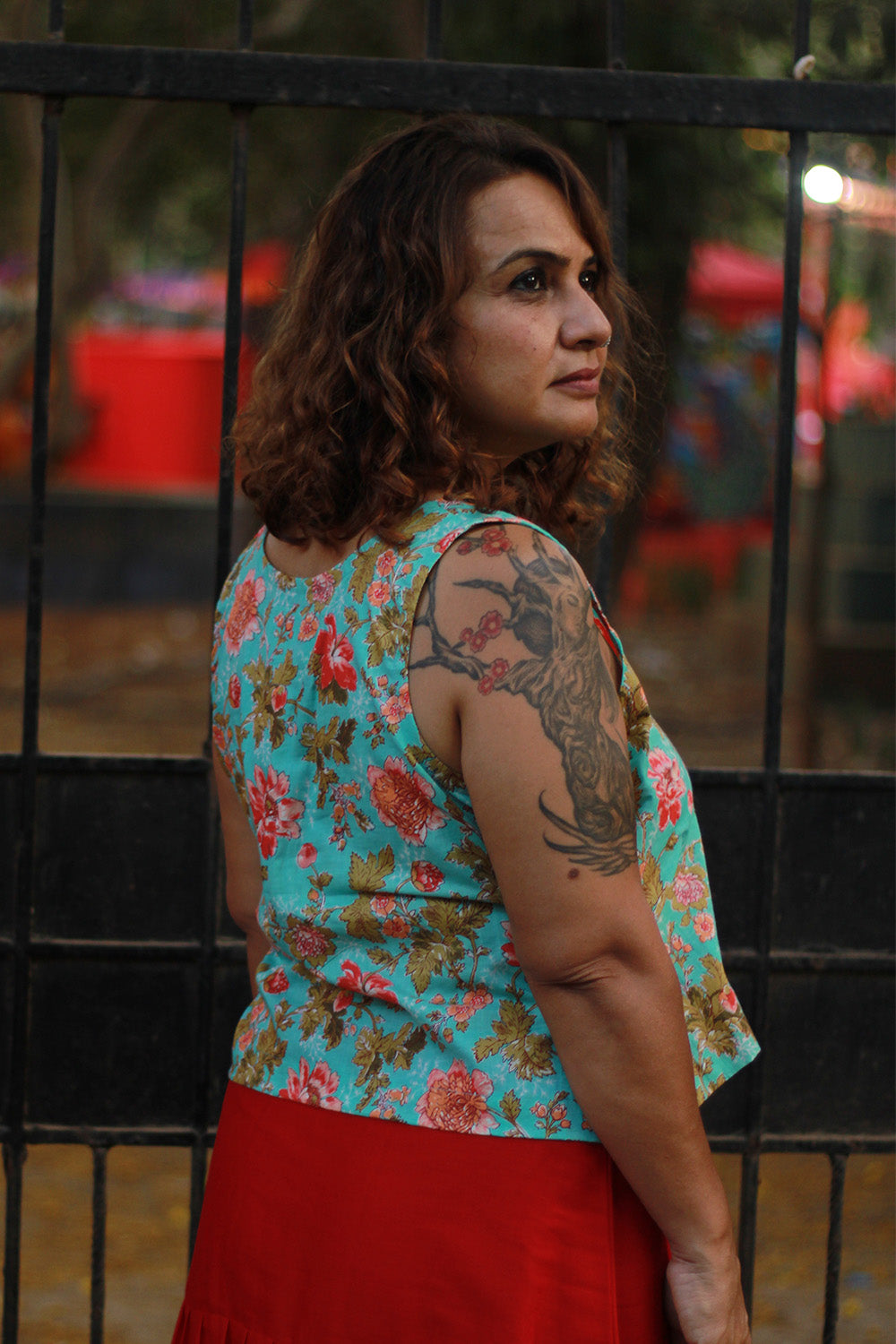 Aabroo | Sleeveless Angarkha Crop Top | Teal Sanganeri