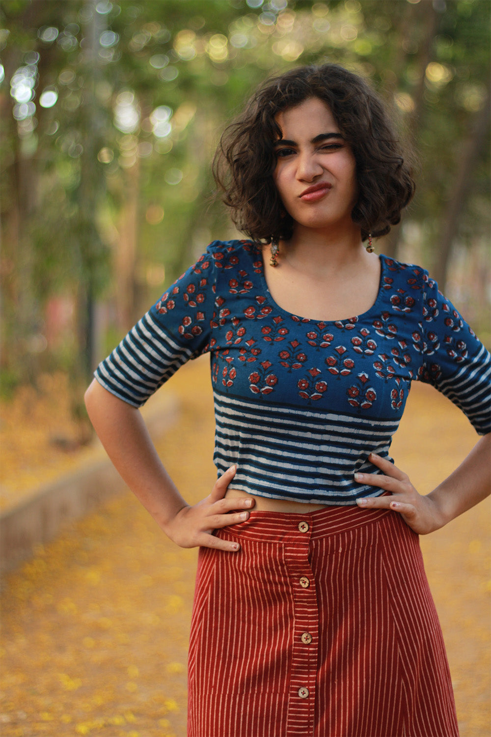 Kirgiti | Stretchable Blouse / Crop Top | Indigo Buta and Striped Dabu