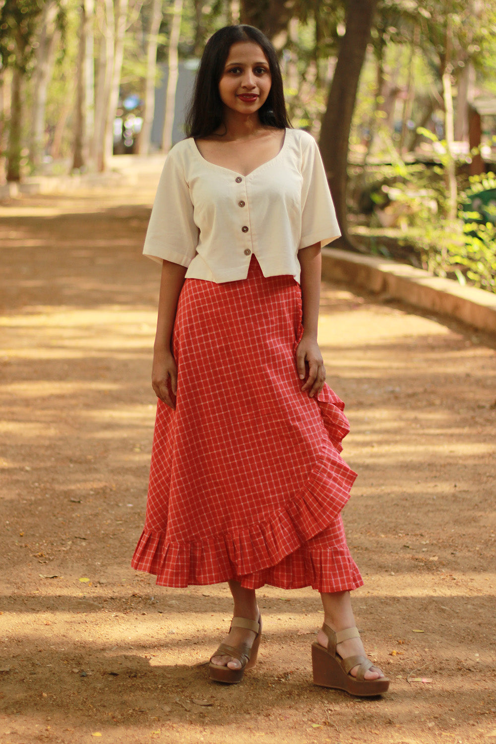 Swara | Wrap Around Frill Skirt | Rouge Checks