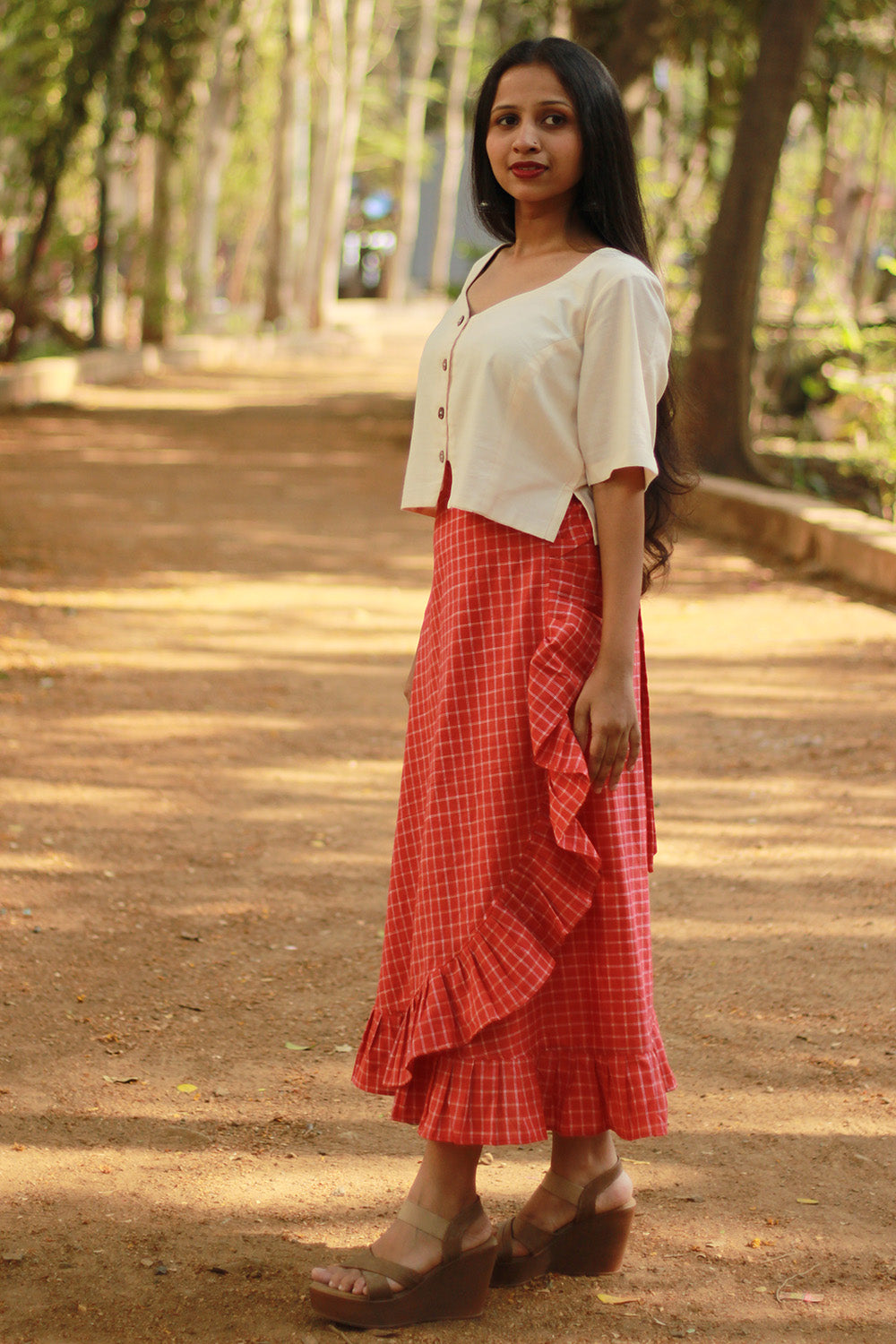Swara | Wrap Around Frill Skirt | Rouge Checks