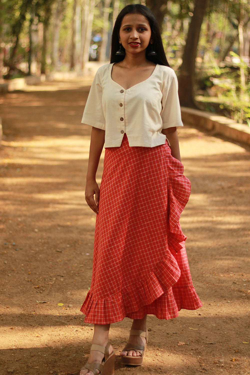 Swara | Wrap Around Frill Skirt | Rouge Checks