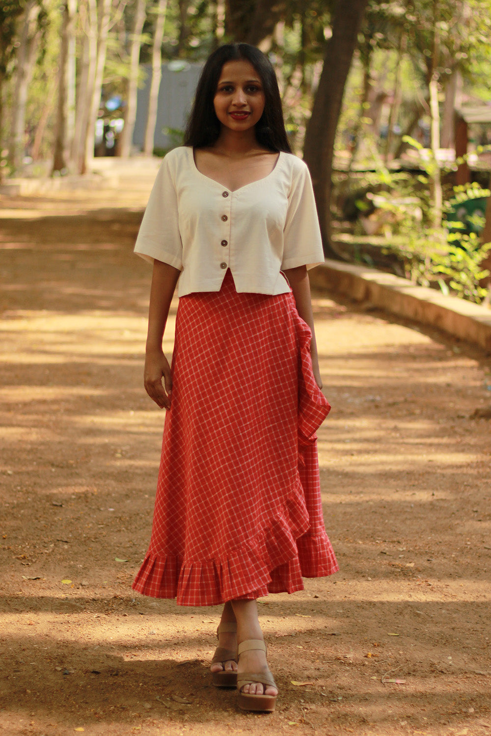 Swara | Wrap Around Frill Skirt | Rouge Checks