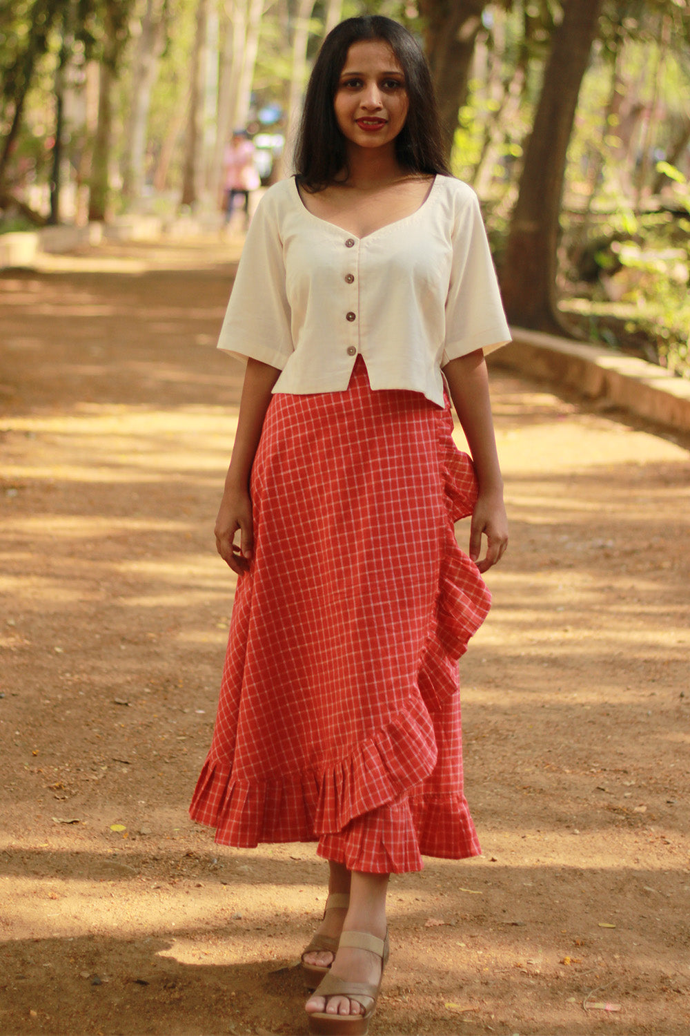 Swara | Wrap Around Frill Skirt | Rouge Checks