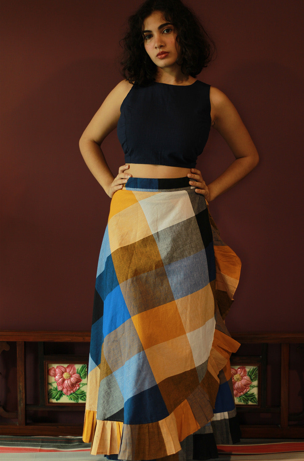 Swara | Wrap Around Frill Skirt | Checkered Medley