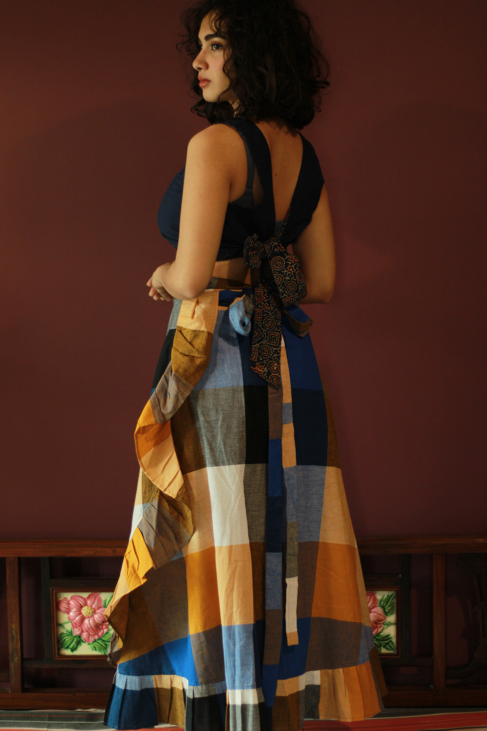 Swara | Wrap Around Frill Skirt | Checkered Medley