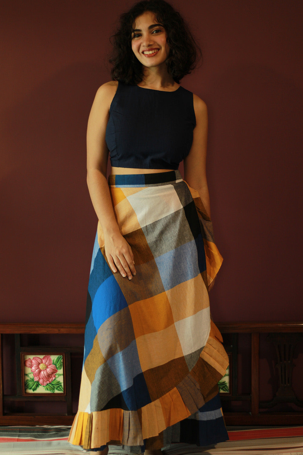Swara | Wrap Around Frill Skirt | Checkered Medley