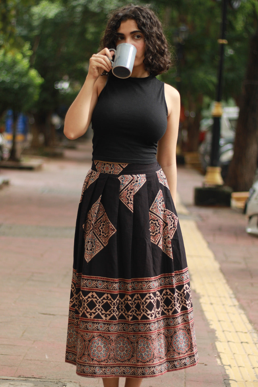 Myra | Box Pleated Midi Skirt | Noir Ajrakh