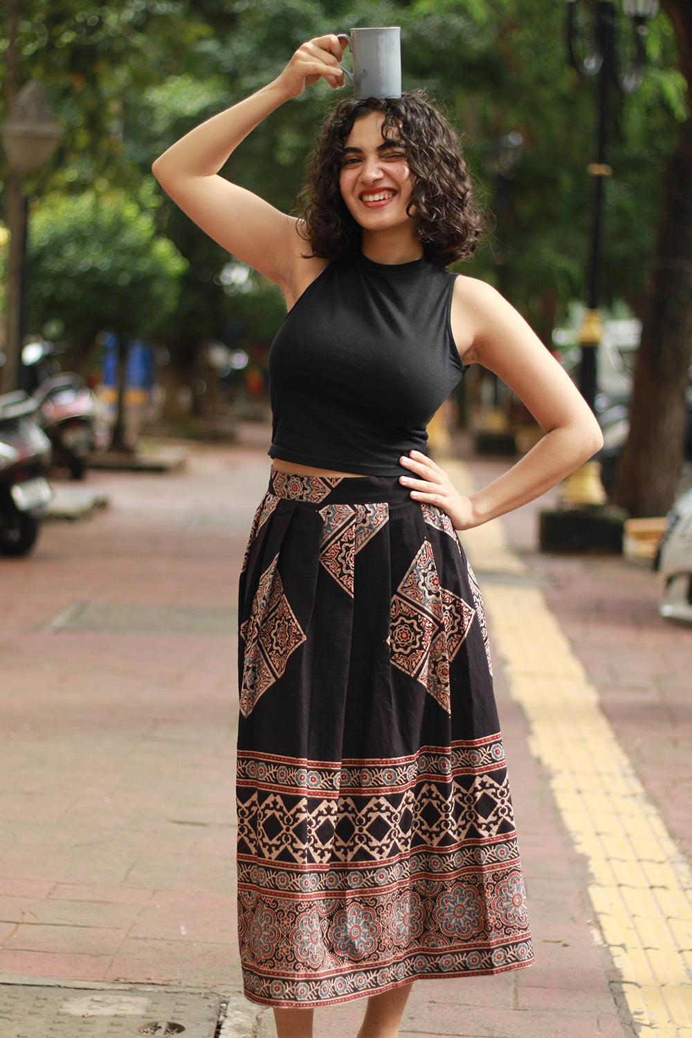 Myra | Box Pleated Midi Skirt | Noir Ajrakh