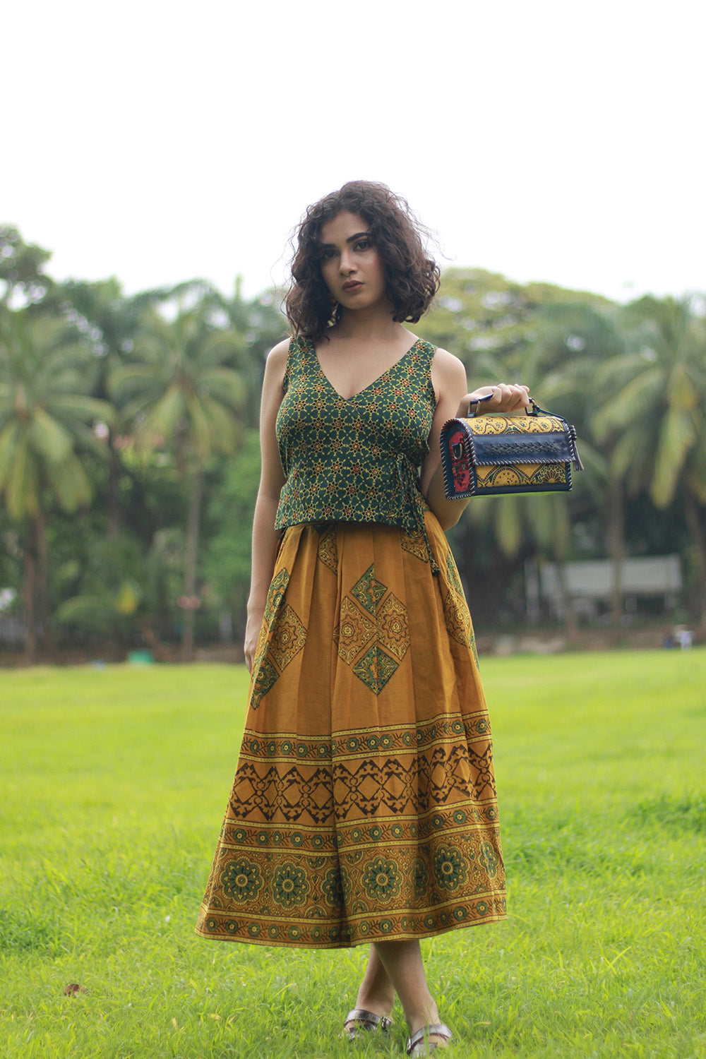 Myra | Box Pleated Midi Skirt | Mustard Ajrakh