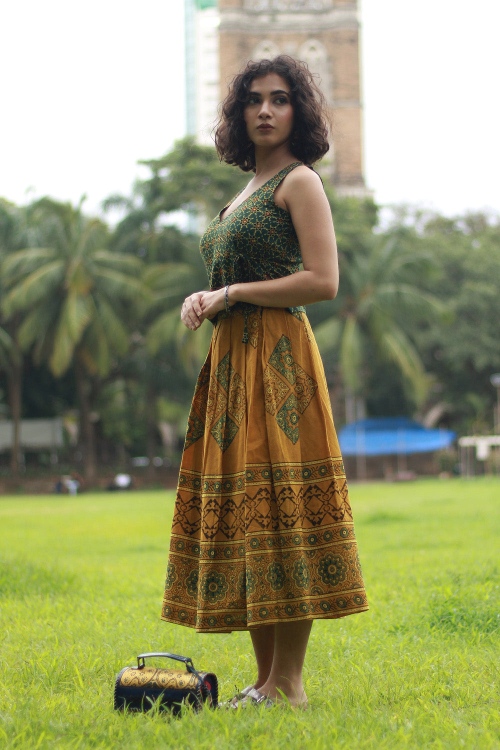 Myra | Box Pleated Midi Skirt | Mustard Ajrakh