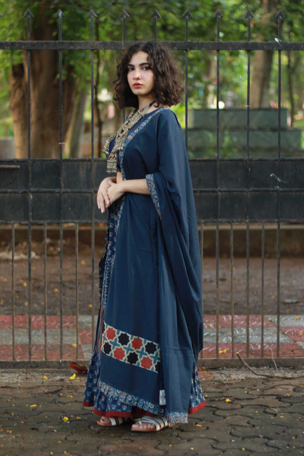 Ghumar | Tiered Long Skirt | Blue Ajrakh Medley