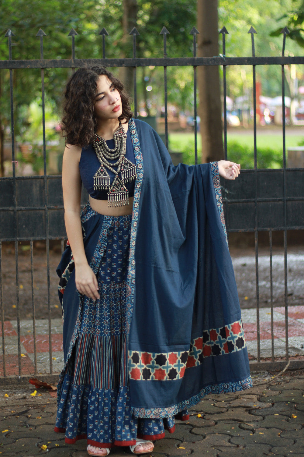 Ghumar | Tiered Long Skirt | Blue Ajrakh Medley
