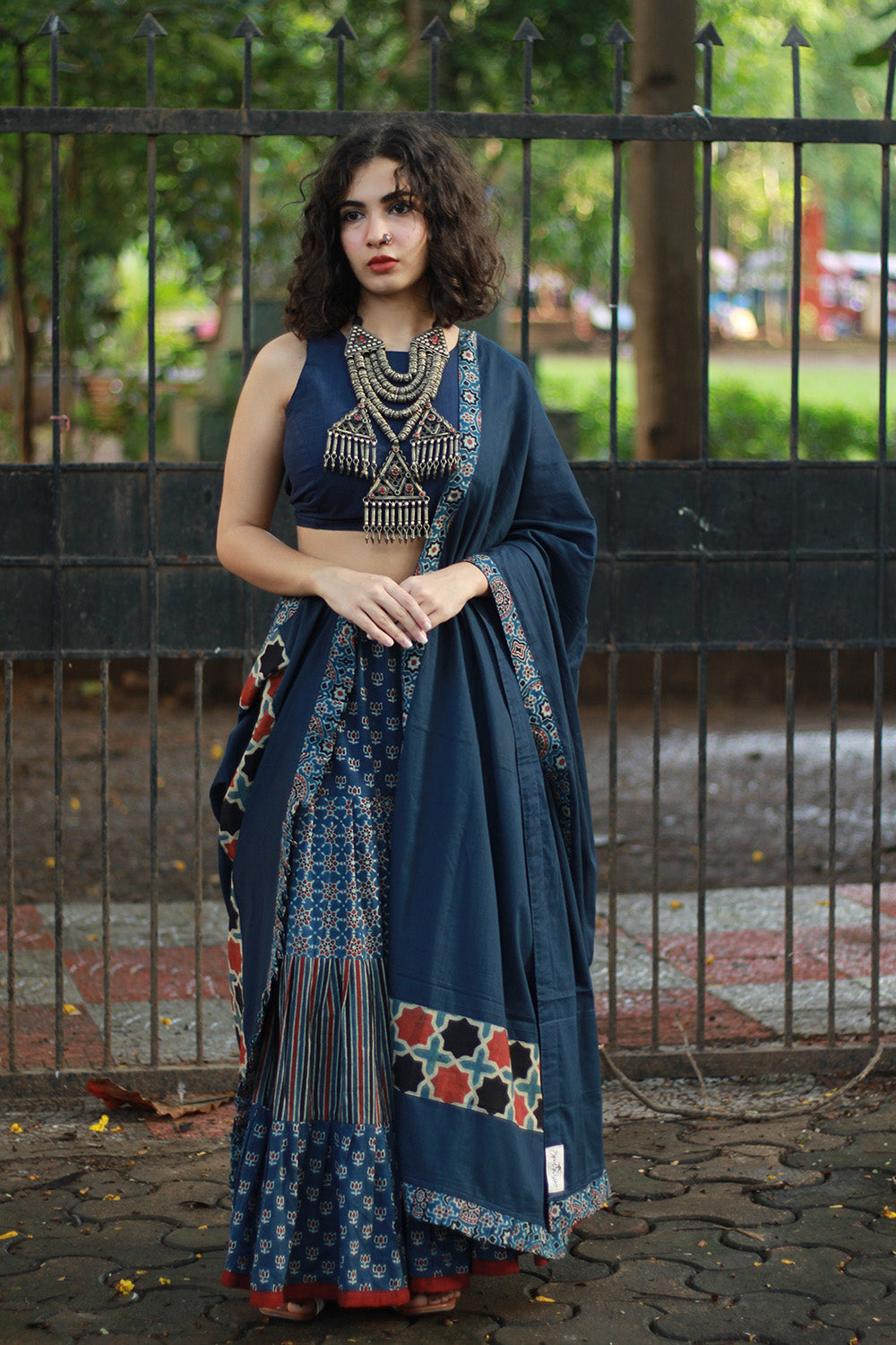 Ghumar | Tiered Long Skirt | Blue Ajrakh Medley