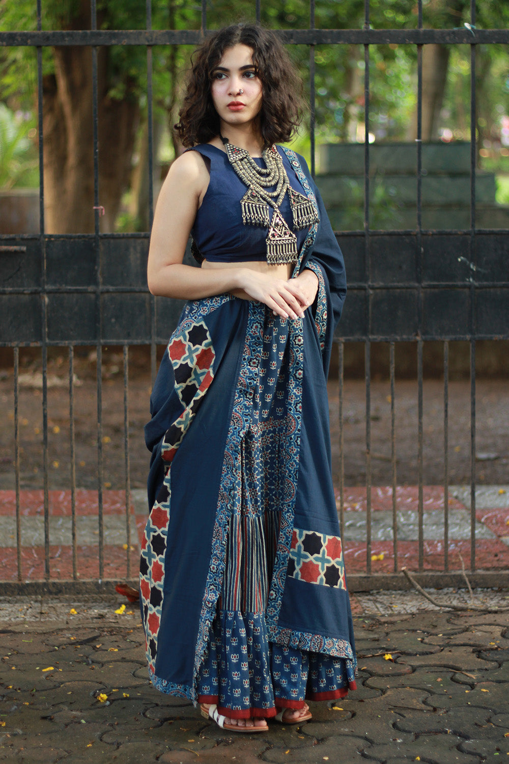 Ghumar | Tiered Long Skirt | Blue Ajrakh Medley