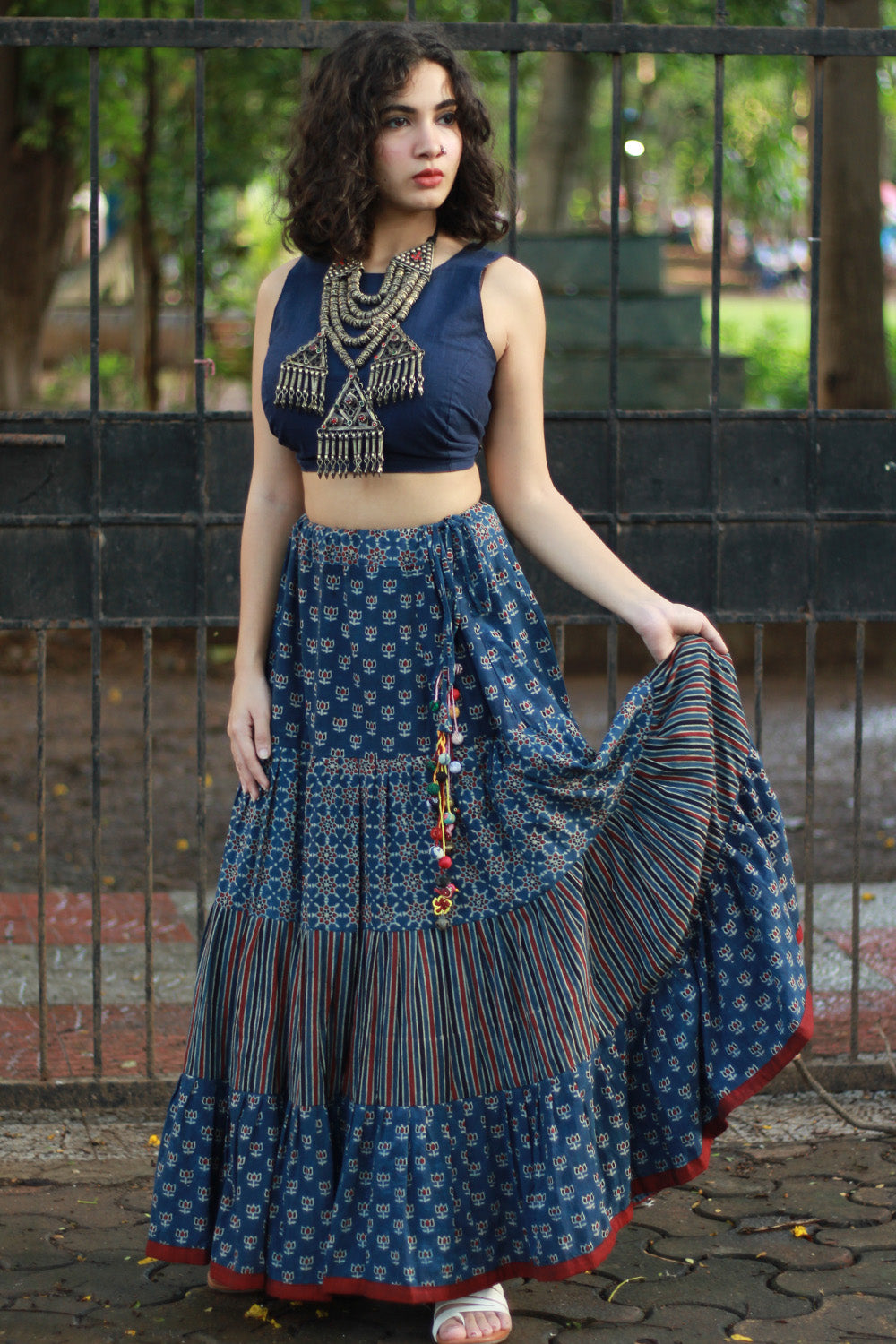 Ghumar | Tiered Long Skirt | Blue Ajrakh Medley