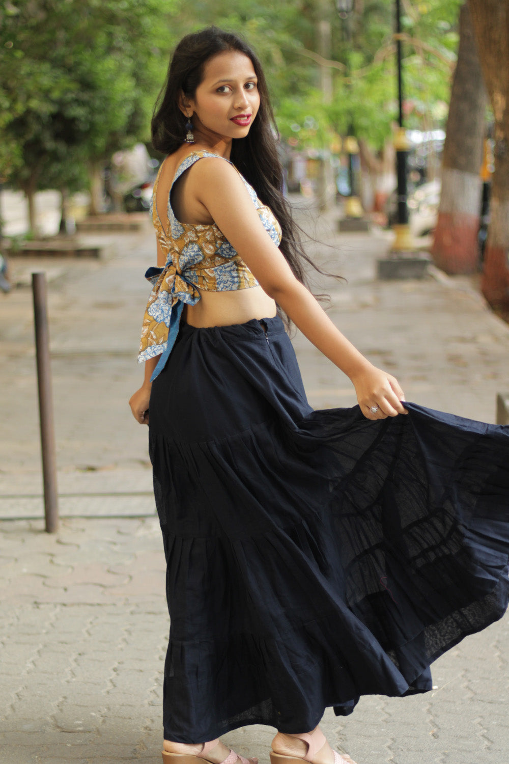 Ghumar | Mul Tiered Long Skirt | Ink Blue