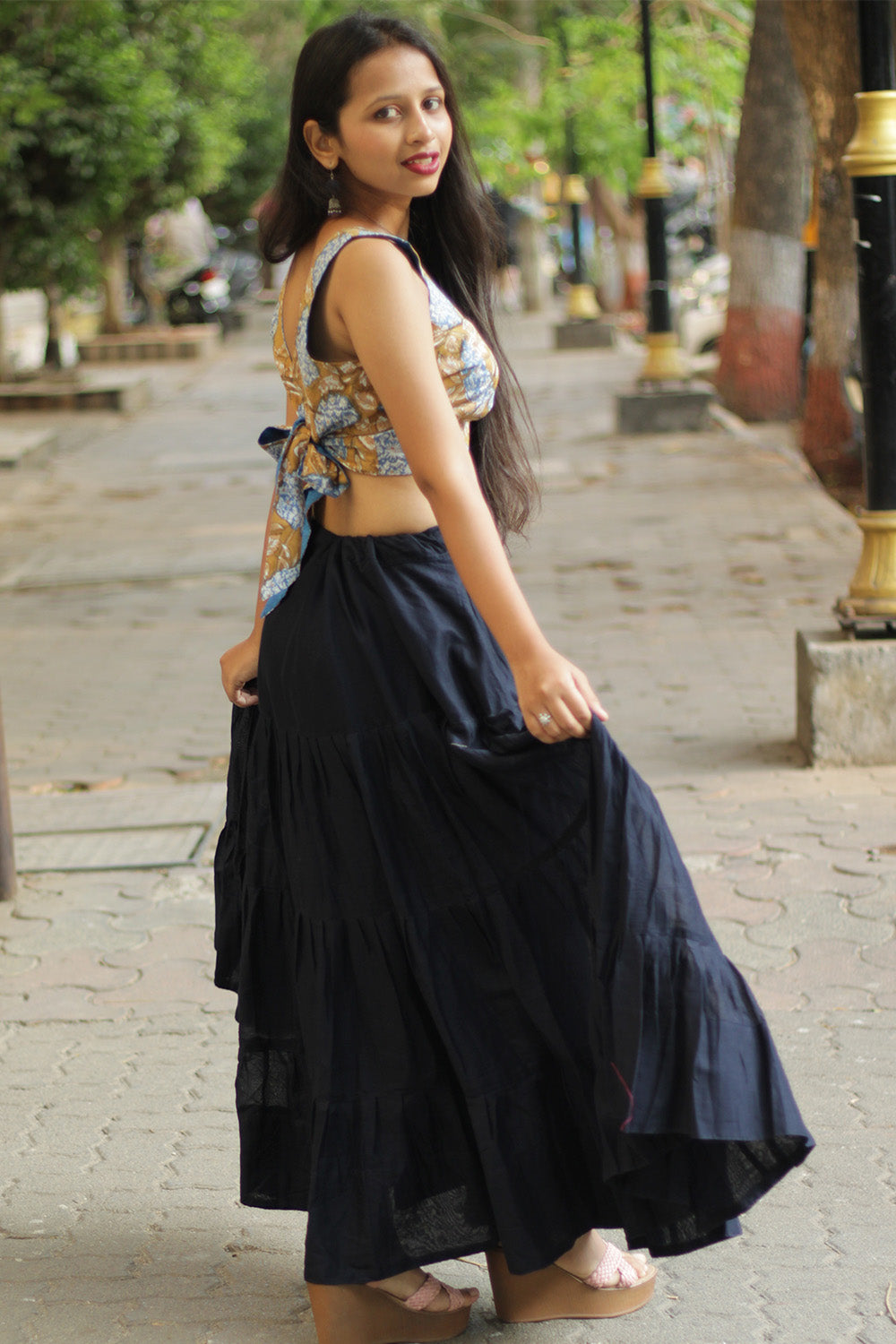 Ghumar | Mul Tiered Long Skirt | Ink Blue