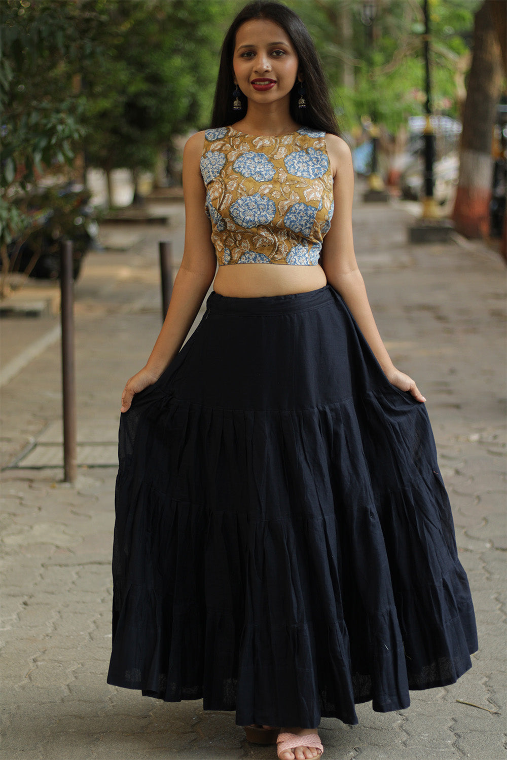 Ghumar | Mul Tiered Long Skirt | Ink Blue