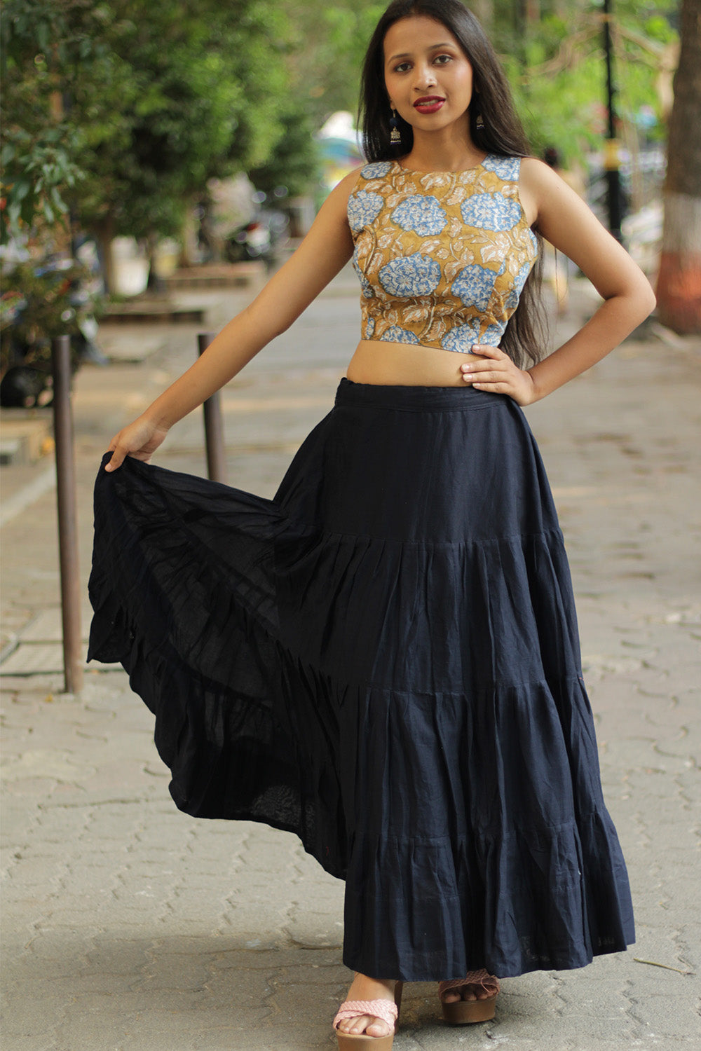 Ghumar | Mul Tiered Long Skirt | Ink Blue