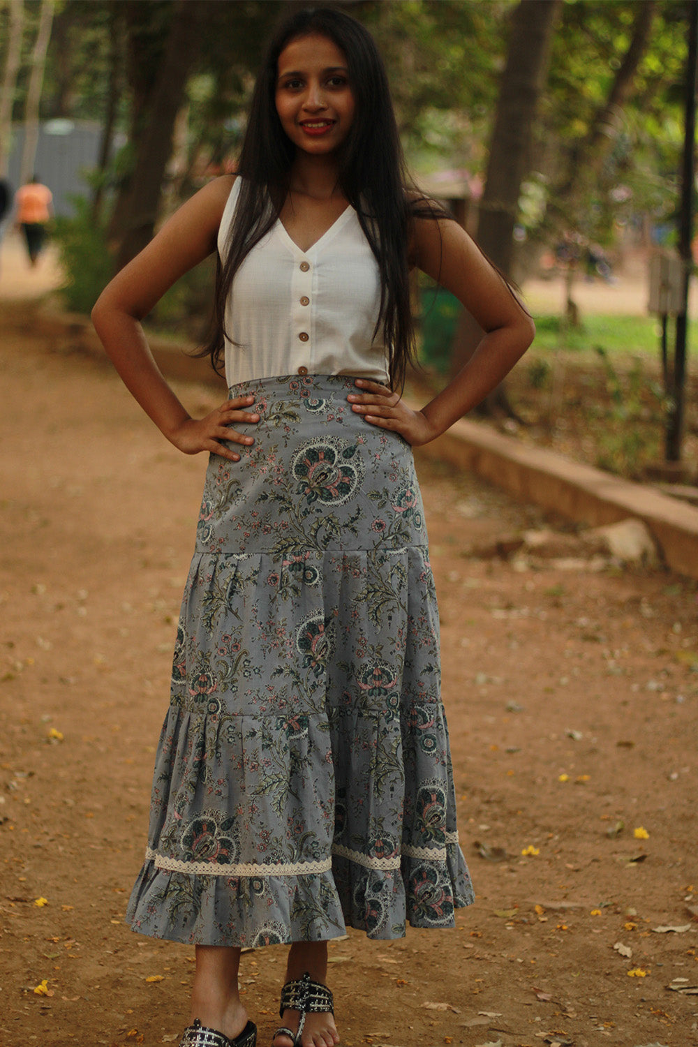 Nazakat | Tiered Midi Skirt | Grey Sanganeri