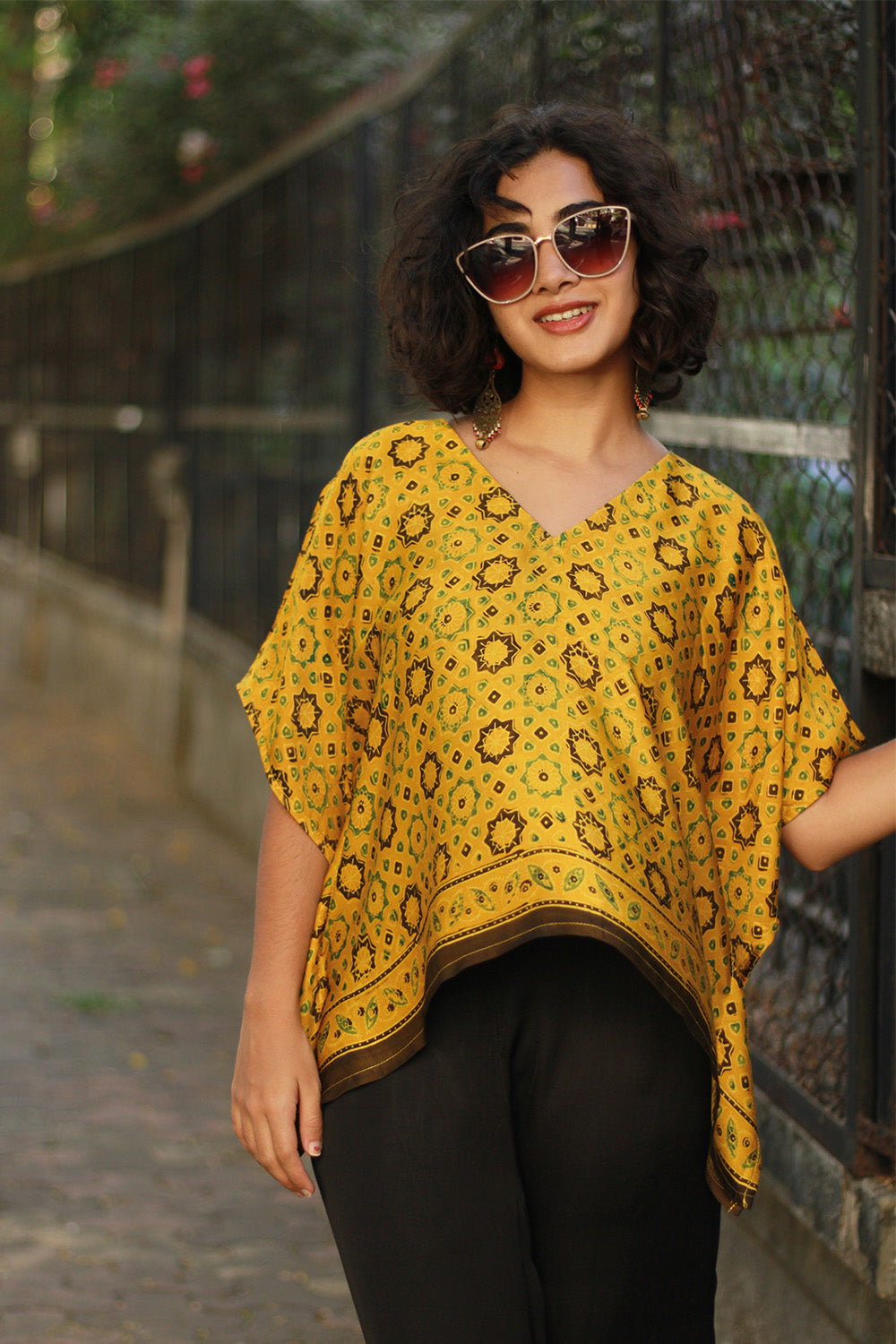 Taarini Mini | Modal Silk Kaftan Top | Yellow Geometric Ajrakh