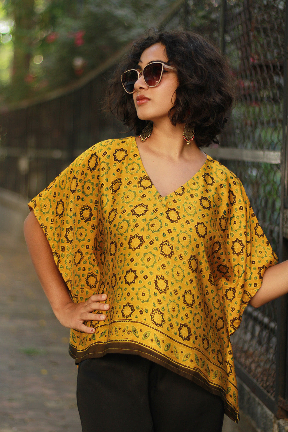 Taarini Mini | Modal Silk Kaftan Top | Yellow Geometric Ajrakh
