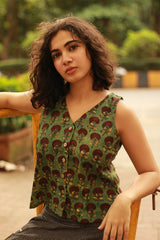 Front Buttoned Vest | Green Bagru