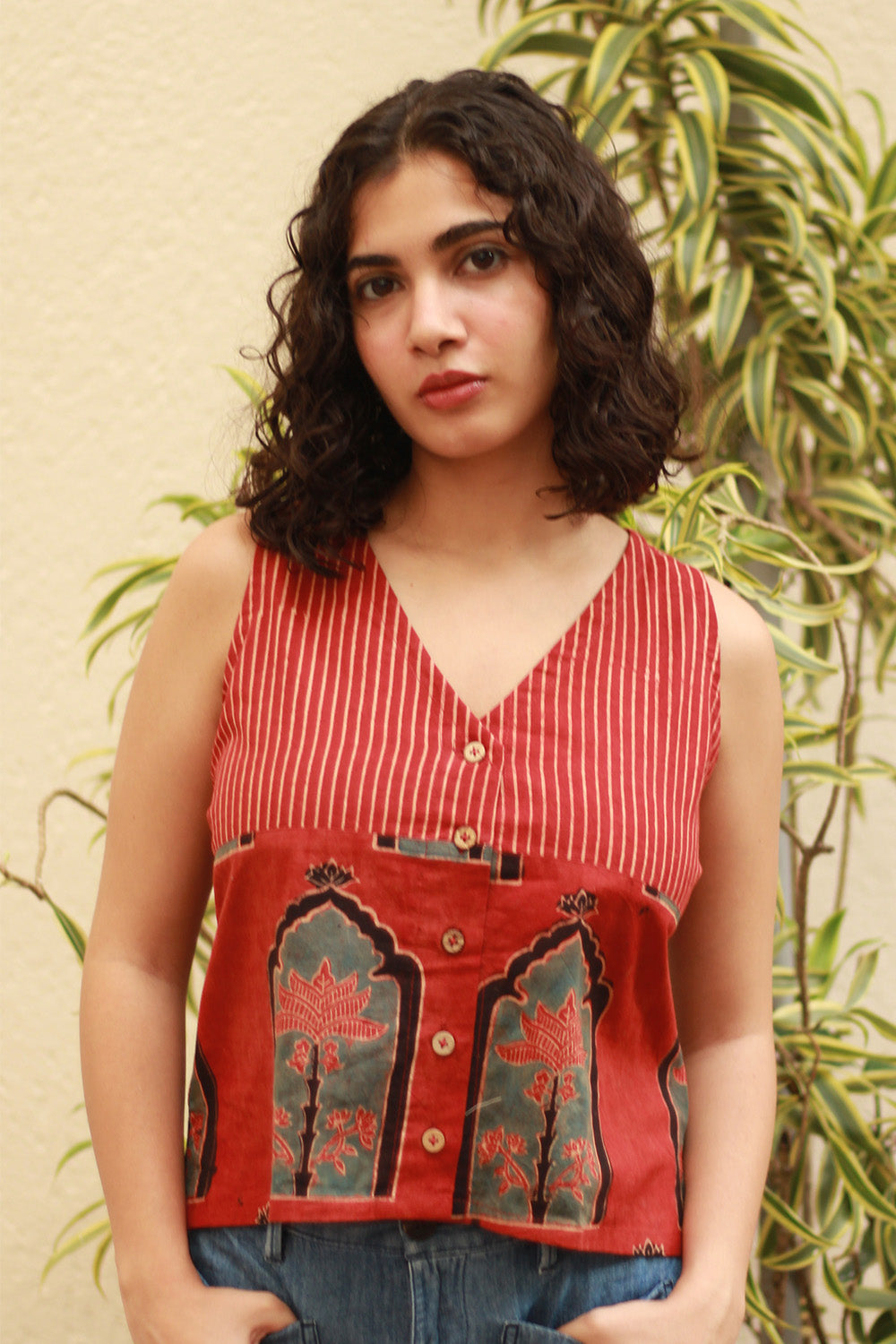 Dhaariyan | Front Buttoned Vest | Madder Stripes & Jharoka Ajrakh