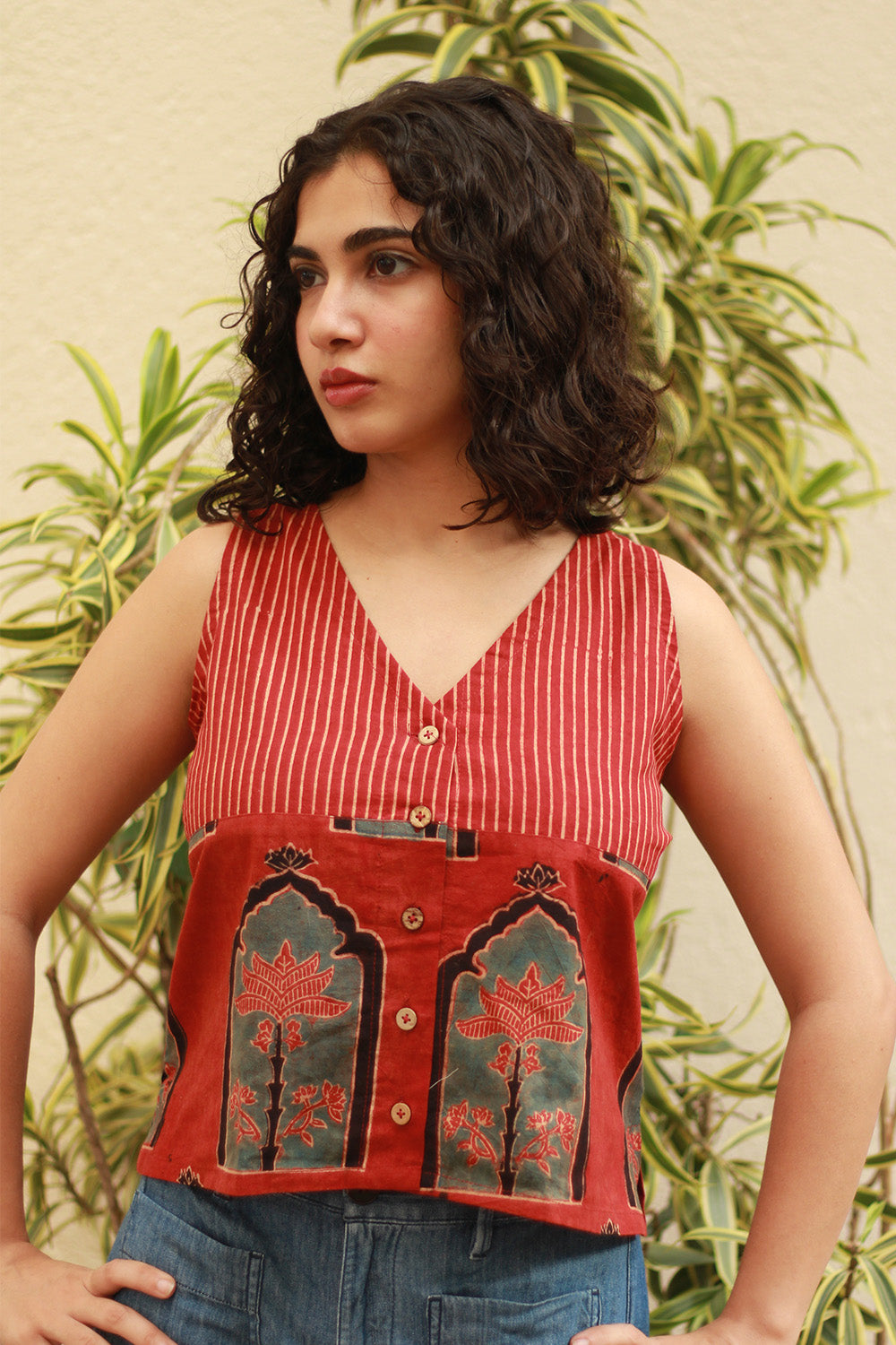 Dhaariyan | Front Buttoned Vest | Madder Stripes & Jharoka Ajrakh