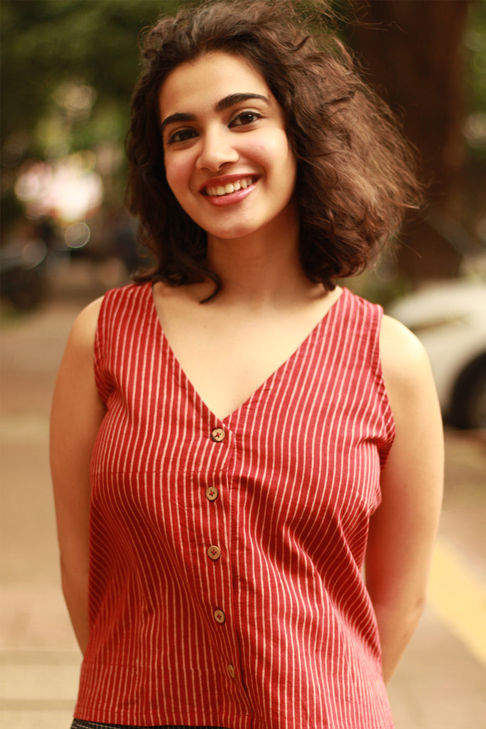 Dhaariyan | Front Buttoned Vest | Madder Stripes Ajrakh