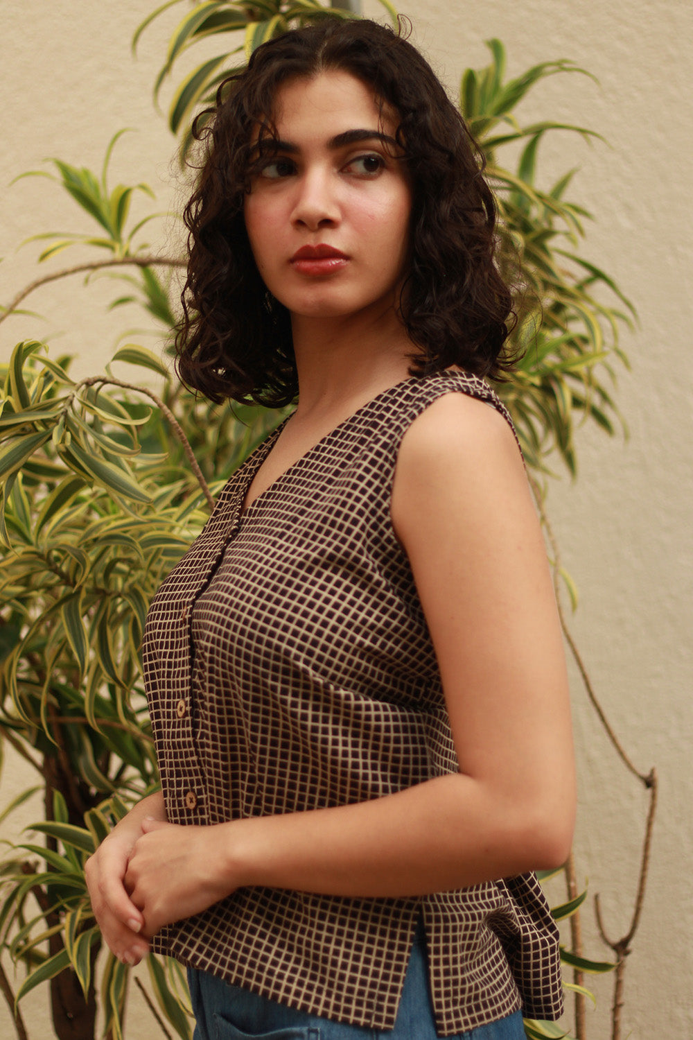 Dhaariyan | Front Buttoned Vest | Noir Checks Ajrakh