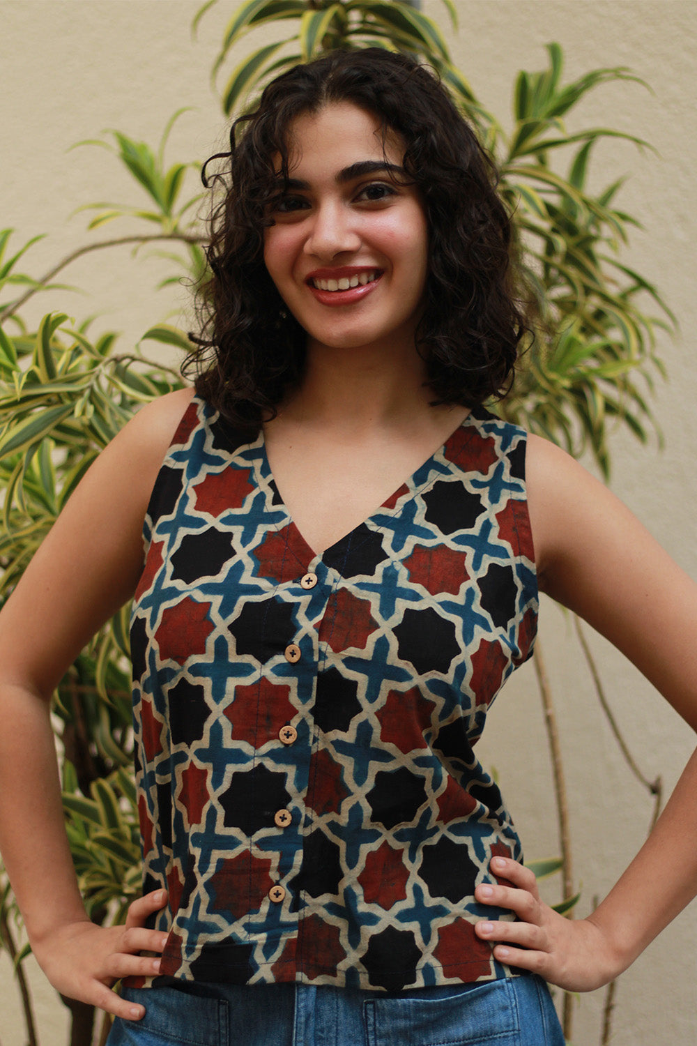 Front Buttoned Vest | Rust Shatkon Ajrakh