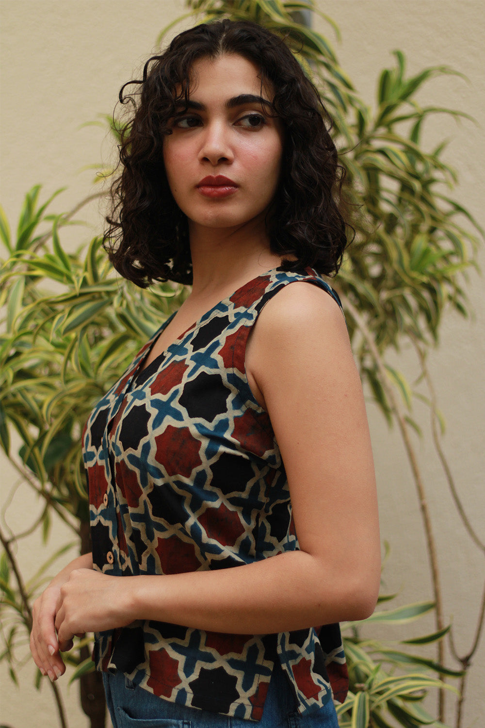 Front Buttoned Vest | Rust Shatkon Ajrakh