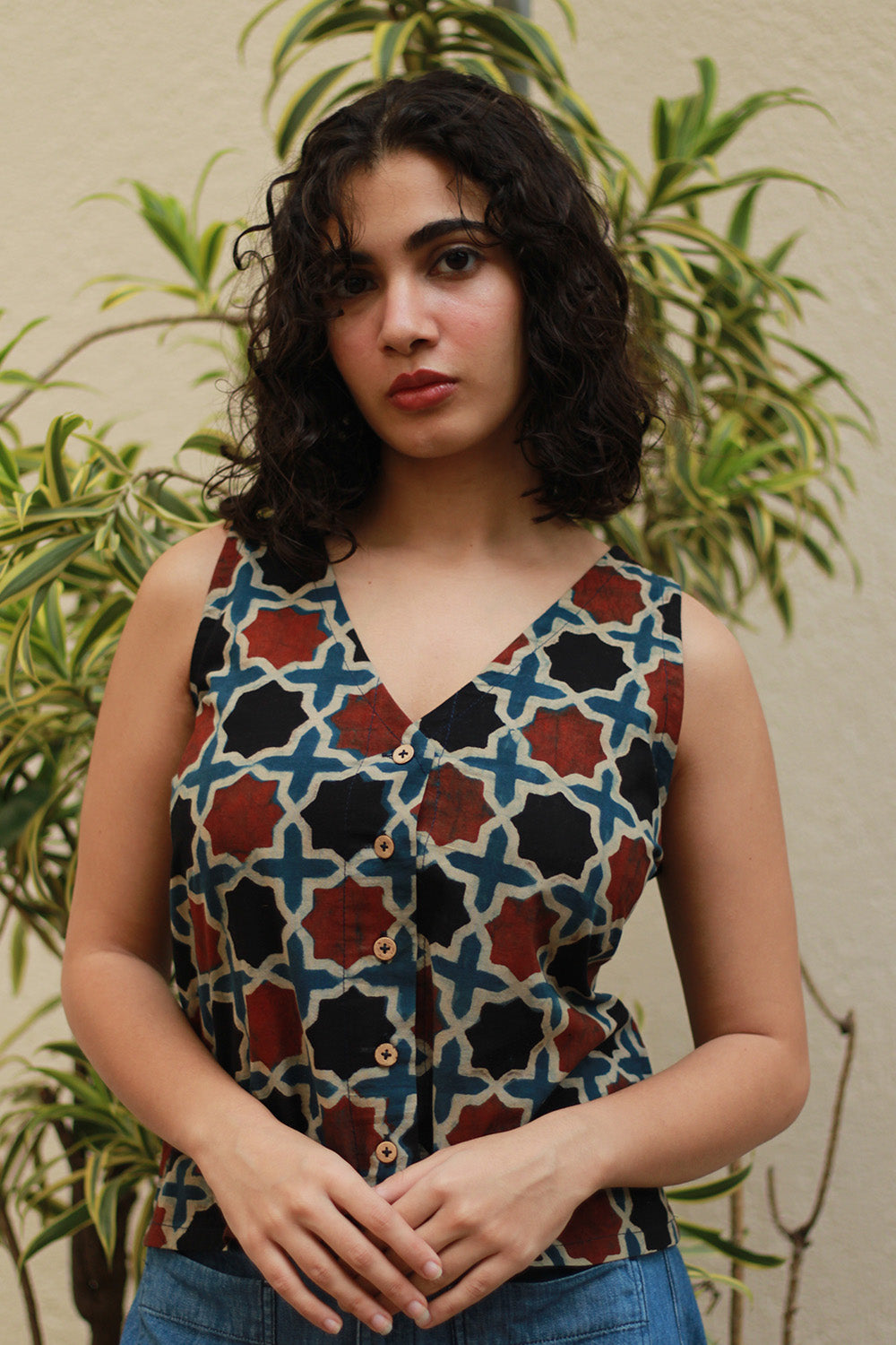 Front Buttoned Vest | Rust Shatkon Ajrakh