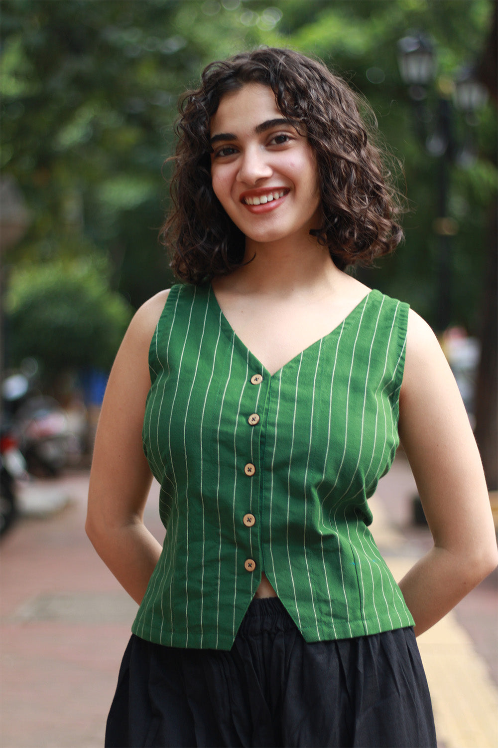 Front Buttoned Vest | Green Stripes
