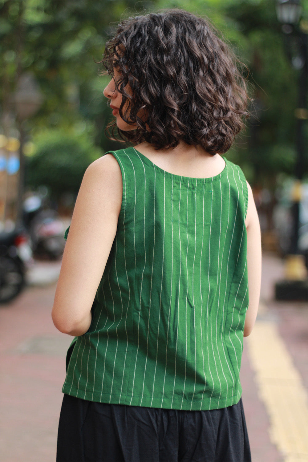 Front Buttoned Vest | Green Stripes